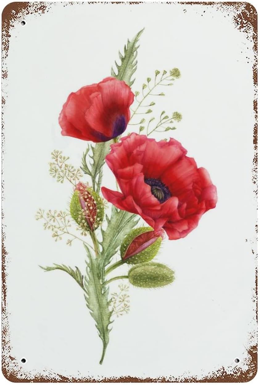 Habilboi Vintage Metal Tin Sign Red Poppy Botanical Floral Spring Summer Floral Nature Plants Kitchen Garden Home Horticulture Wall Decor for Bars,Restaurants,Cafes Pubs 8x12inch