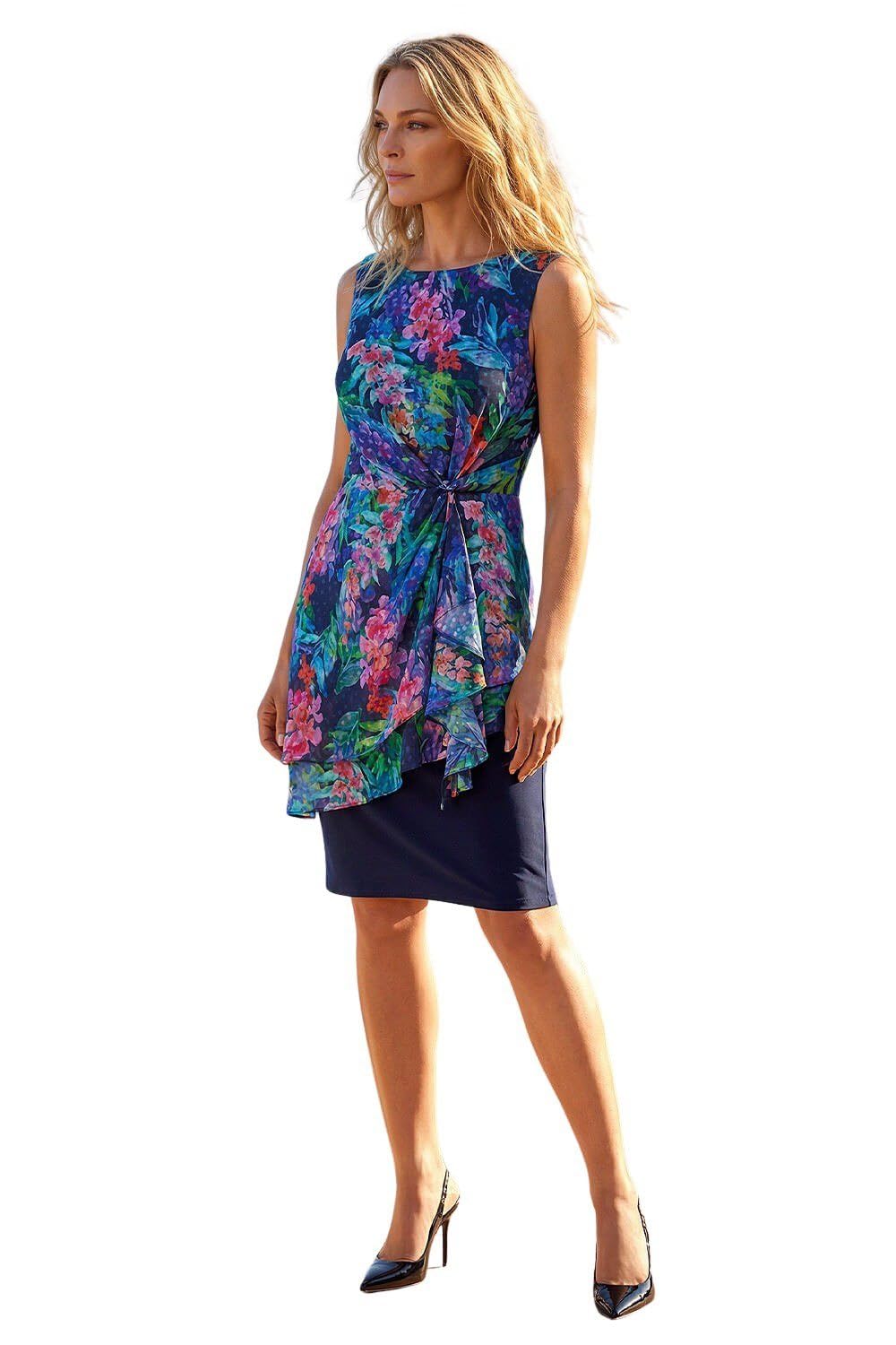 Roman Women's Navy Petite Tropical Asymmetric Frill Dress In Size 12