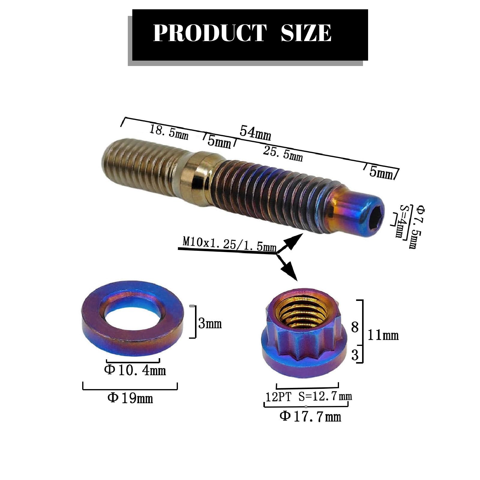 RISON-Titanium 12 Set Juego de Pernos para Colectores de Escape de Titanio M10x1.25x54mm, Prisioneros Roscados con Tuerca de Brida de Sistema de Escape, Tornillos Espárrago para Coche Moto
