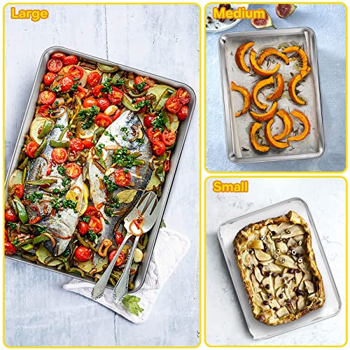 E-Far Baking Cookie Sheet Pan Set Of 3, 16/12.4/10.4 Inch, Stainless Steel Baking Pans Set For Oven, Rectangle Baking Tray For Cooking Roasting, Non Toxic & Easy Clean, Dishwasher Safe #TOP5