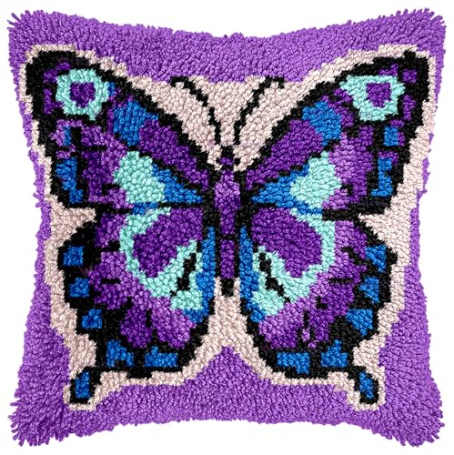 Image of veirousa Butterfly Latch Hook Kits for Adults Beginners Animals Latch Hook Pillow Kit Pre-Printed Latch Hook Rug Kits Insect Cross-Stitch Cushion for Home Sofa Decoration 17x17 in. Handmade Gift