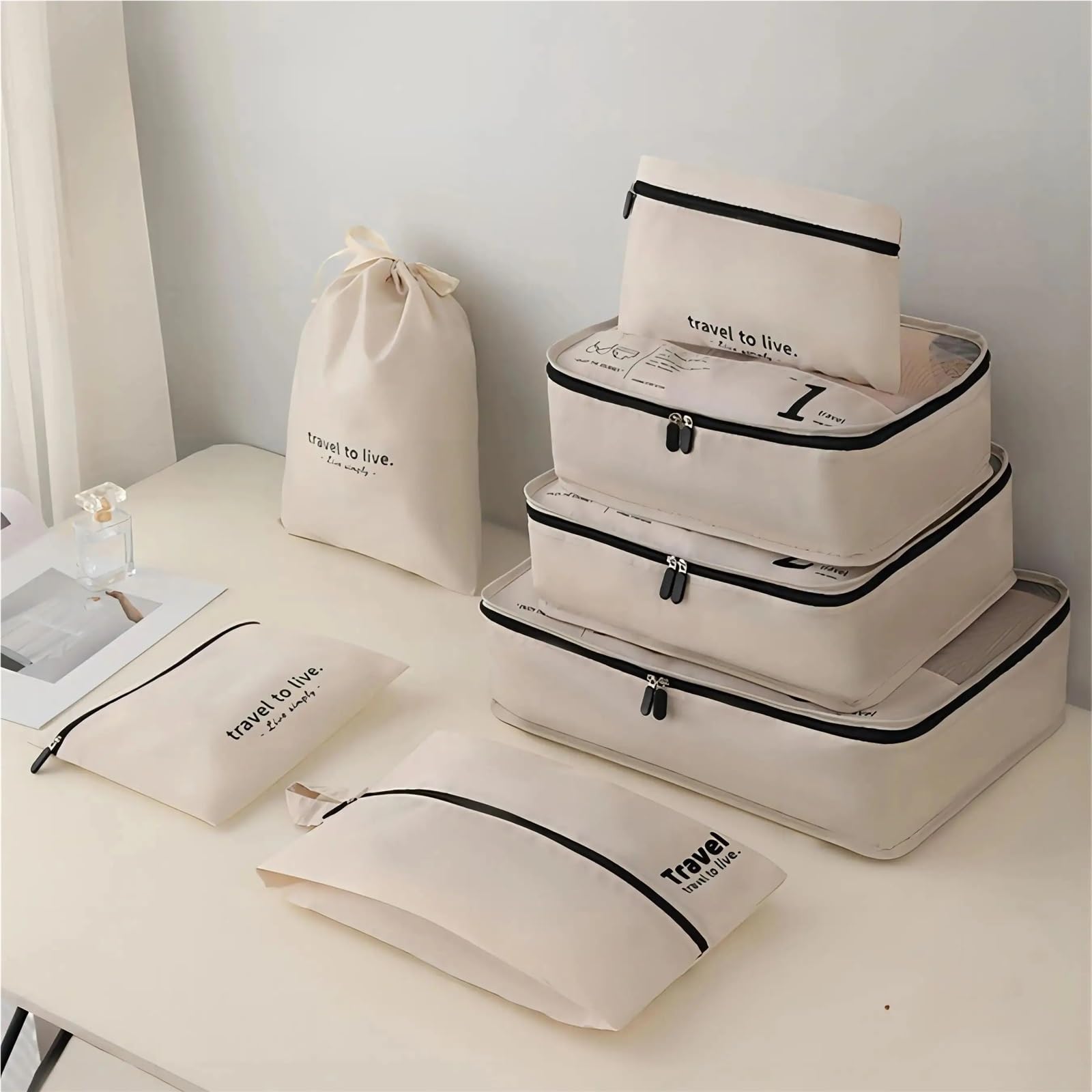 7piece Travel Storage Bag Thickened Suitcase Clothing Classification para Ropa, Ropa Interior(Beige)