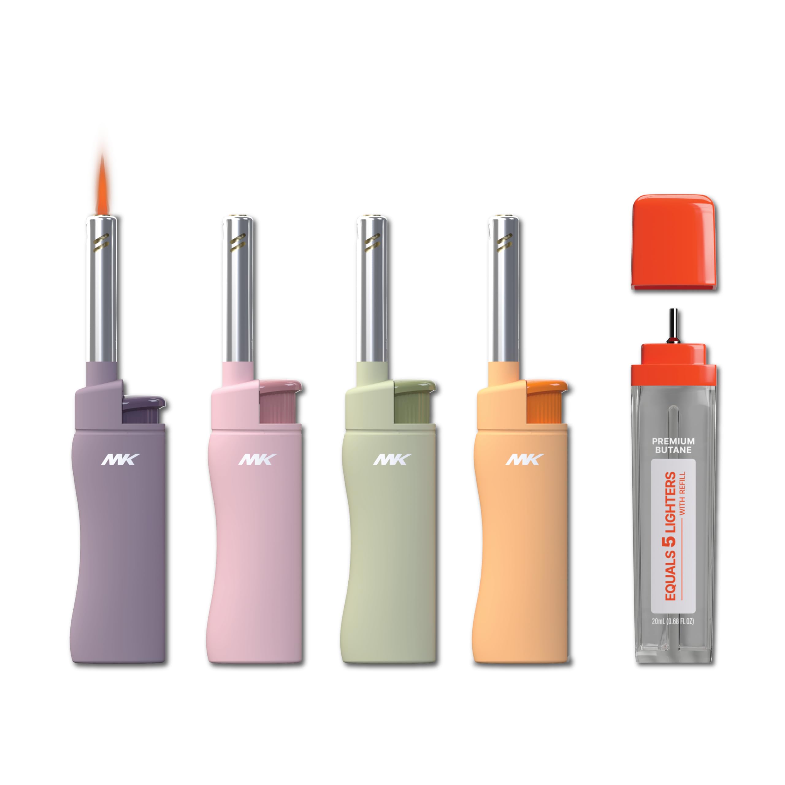 MK Lighter 4PCS Candle Lighters With 1PC Premium Butane Set, Random Colors, Windproof Flame, Ideal for Candle, BBQ, Refillable (Pastel-4PC+1Butane)