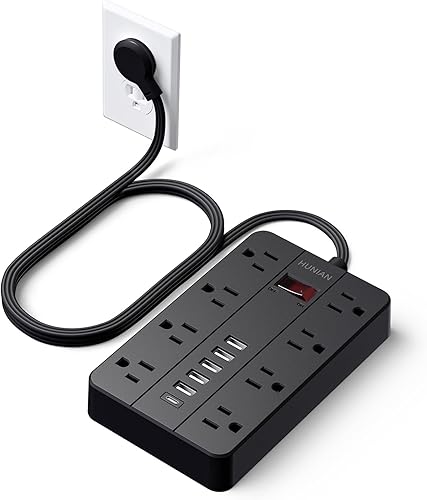 HUNIAN - Regleta de alimentación con puertos USB, cable de extensión de 5 pies, enchufe plano con 8 tomas, 6 cargadores USB (1 puerto USB C),