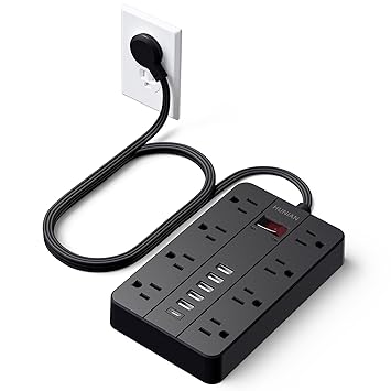 Power Strip with 6 USB,AOFO 5 Ft Extension Cord Flat Plug with 8 Widely Spaced Outlets, Overload Protection Indoor Desk Charging Station Surge Protector for Home and Office Accessories, Black