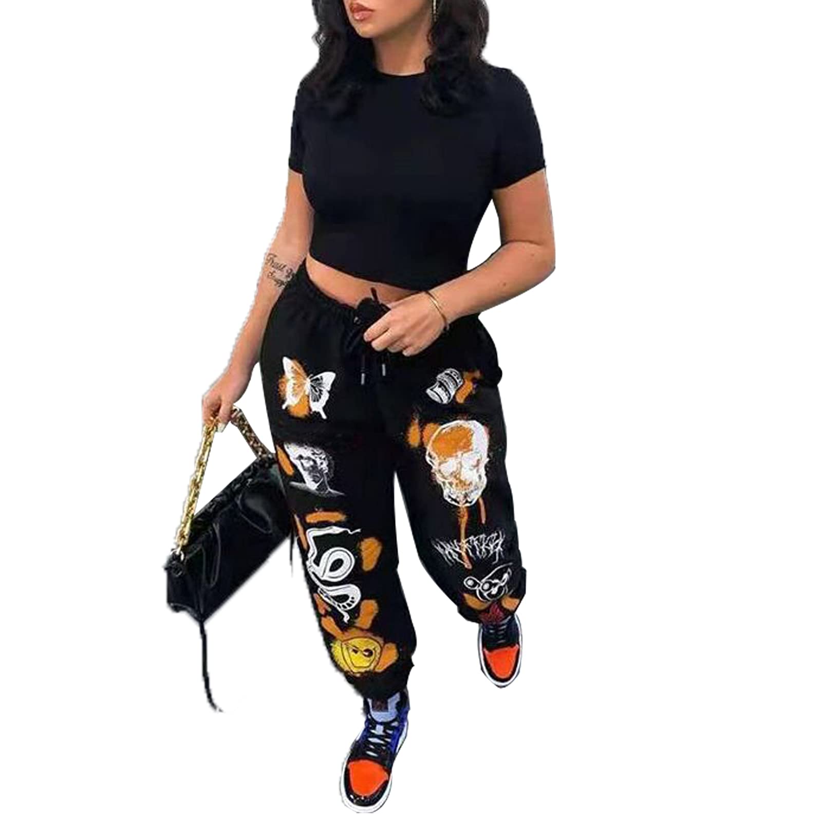 Graffiti Skull Print Baggy Sweatpants For Women Loose Street