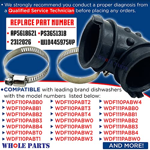 Whole Parts NO Dishwasher Hose Assembly (Includes Two Clamps) Part # W10445975 - Replacement & Compatible thumb #1