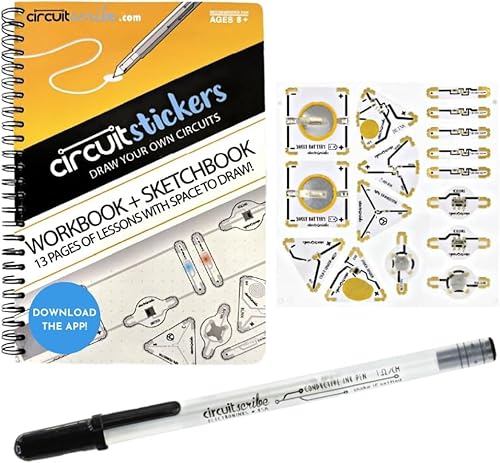Circuit Scribe Kit de calcomanías | Bolígrafo de tinta conductiva de dibujo de circuitos y 11 módulos de calcomanías electrónicas | Libro de trabajo