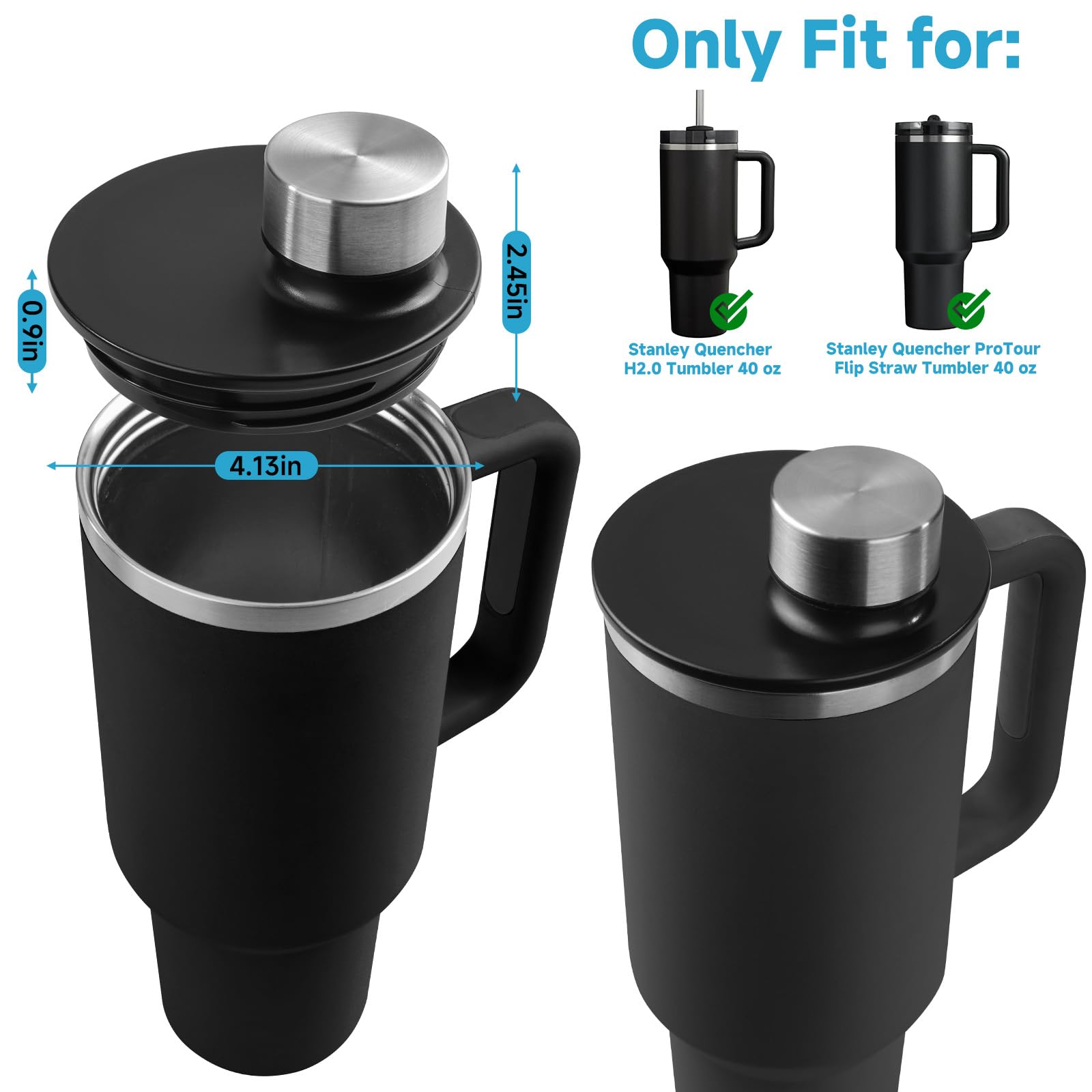 Xxerciz 40oz Leak Proof Lid for Stanley H2.0 Quencher Protour Tumbler, 2 Pack Spill Proof Lid Replacement Cover Top with Wide Mouth for Stanley Cup Accessories (Black+Black)