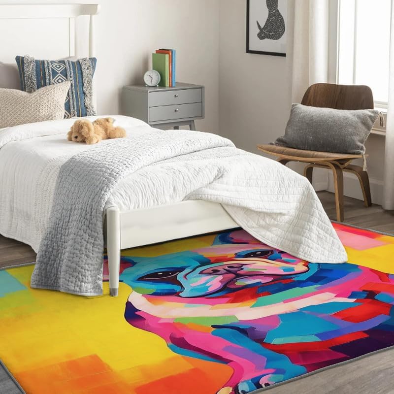 Washable Rugs for Entryway Living Room Bedroom, French Bulldog Rug & Home Decor, Colorful Dog Area Rug 2x3, Non Slip Soft Low Pile Non-Shedding Indoor Carpet, Decorative Patterned Rug