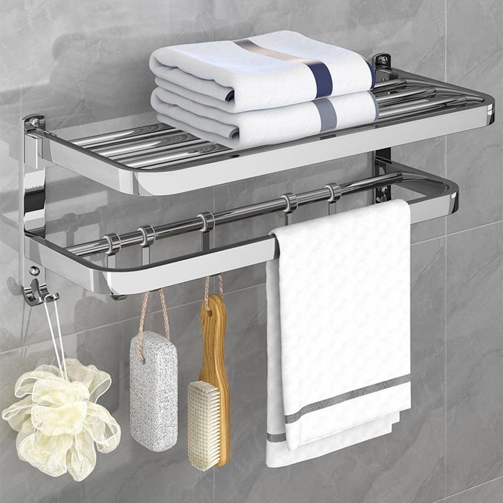 HONPHIER Towel Rail Wall Mounted 2-Tier Foldable Towel Holder Bath Towel Rack With Activity 5 Hooks SUS 304 Stainless Steel Towel Shelves Towel Rail for Bathroom Kitchen
