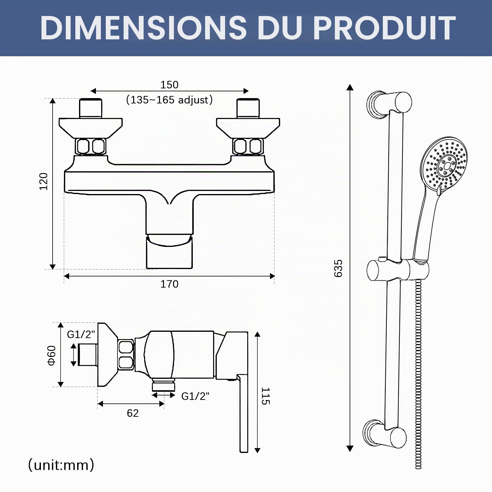 Mitigeur Monocommande Douche Noir, Robinet Mitigeur de Douche Mural avec Barre de Douche RéGlable 635mm, Douchette à Main, Flexible 150mm