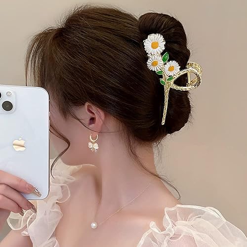 Miniatura 6 de Pinzas para el cabello de flores con margaritas blancas, pinzas grandes de metal dorado para el cabello, no se deslizan, pasadores de pelo de moda,