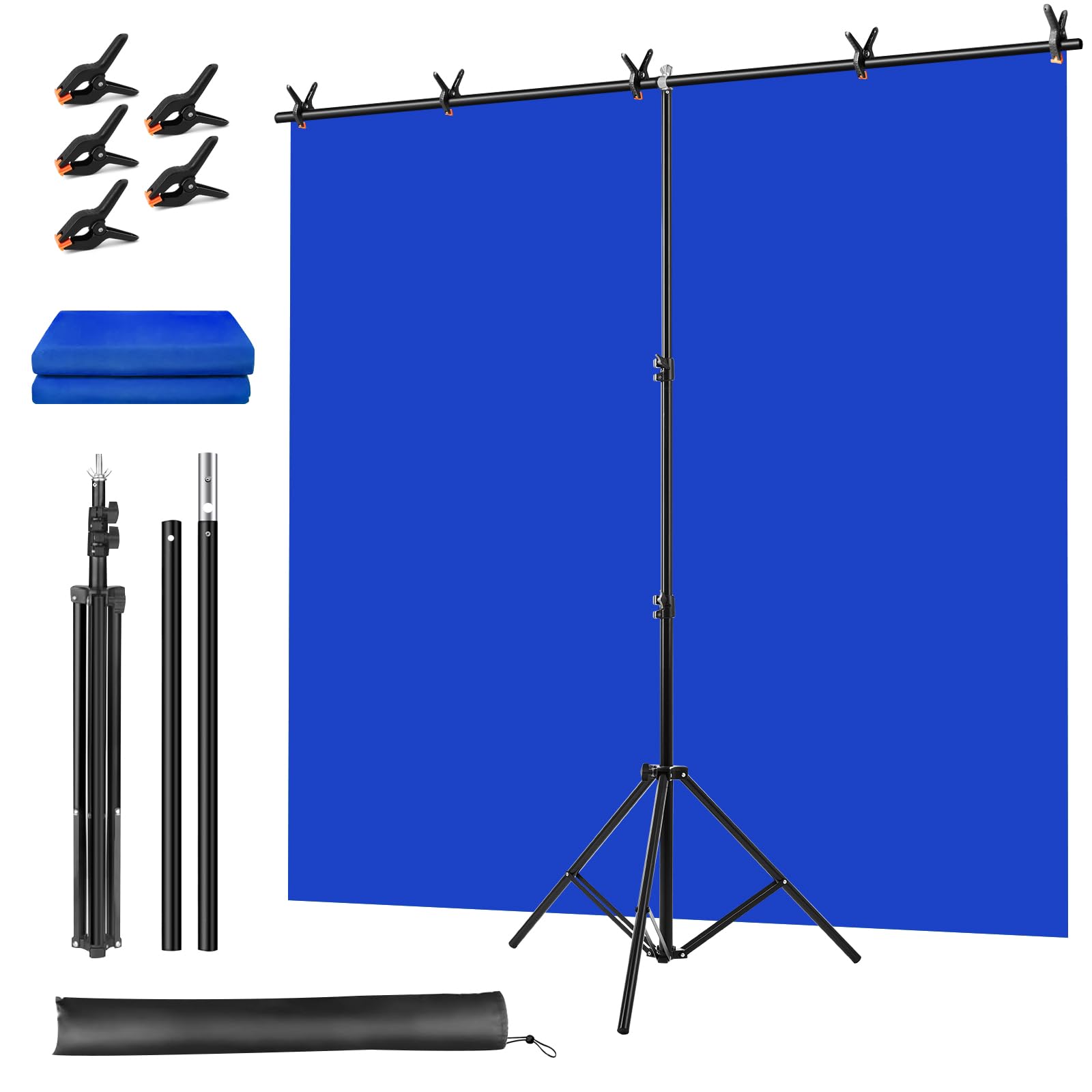 Blue Screen Backdrop Kit, Portable Bluescreen Background with T-Shaped Stand, 5 Clamps & Carrying Bag for Photography, Streaming, Zoom, Gaming, (Blue,
