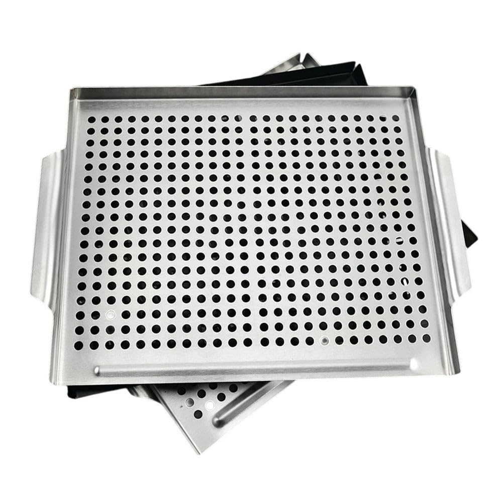 FUBESK Stainless Steel Grill Pan with Drainage Holes for BBQ, Perforated Baking Tray Griddle Pans for Charcoal Electric Grills,Silver 29.5×35.7×2.3cm