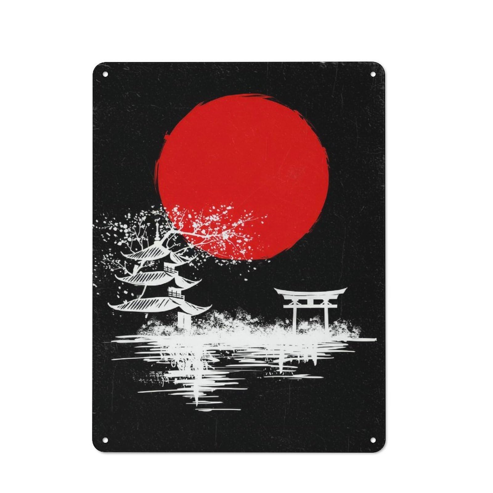 Junmoney Style-6 Japanese Landscape With Pagoda And Torii Rustic Metal Sign 40X30cm For Pub Or Café, For Collectors Of Rustic Metal Wall Decor