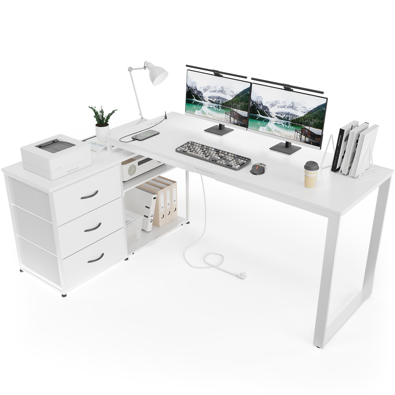 TRIUMPHKEY 140x105cm Escritorio Esquinero Reversible,Mesa de Ordenador con 3 Cajón,Estante de Almacenamiento,Escritorio en L con 2 Puerto de Carga USB y 2 Enchufes para Oficina en Casa Blanco