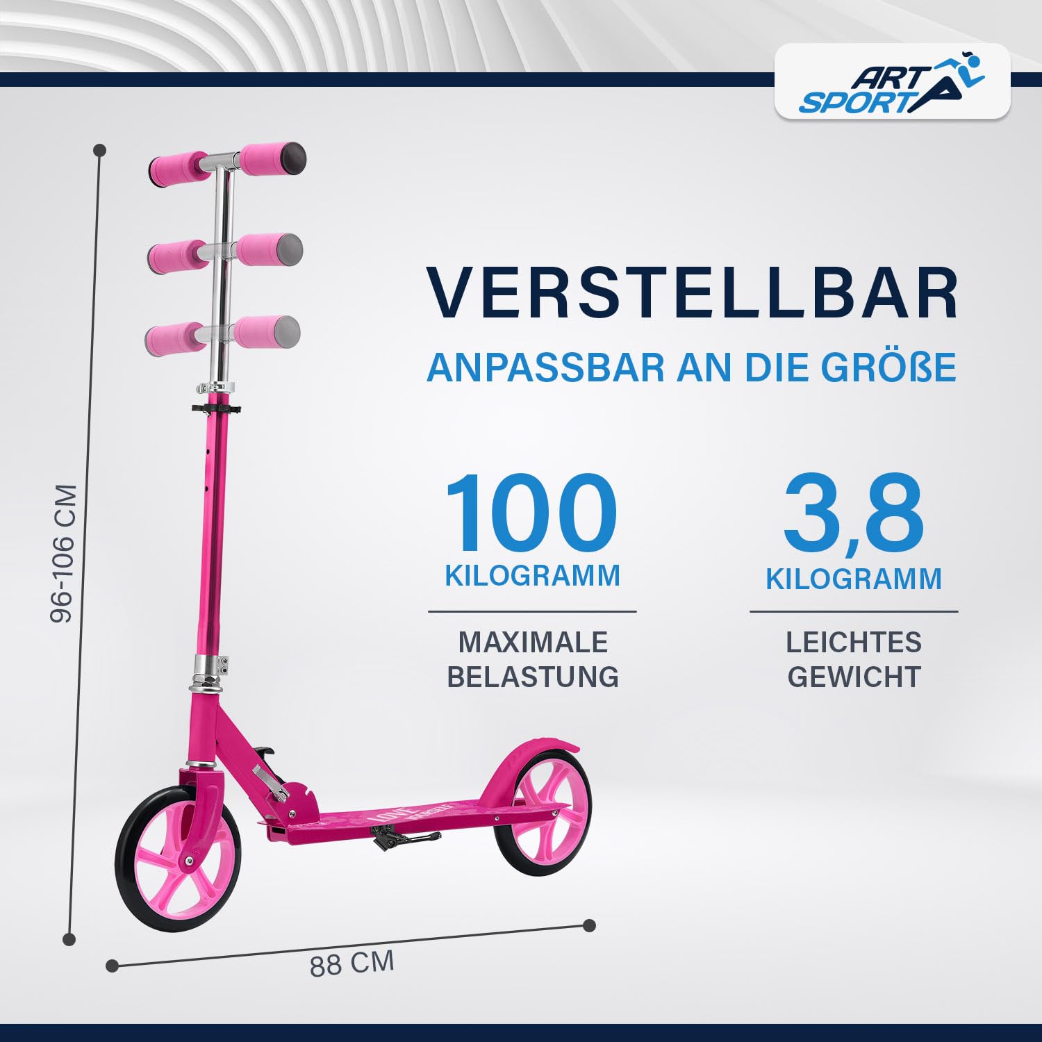 ArtSport® Scooter Cityroller Big Wheel 205mm Räder klappbar & höhenverstellbar - Kinder-Roller ab 3 Jahre - Tretroller bis 100 kg - pink