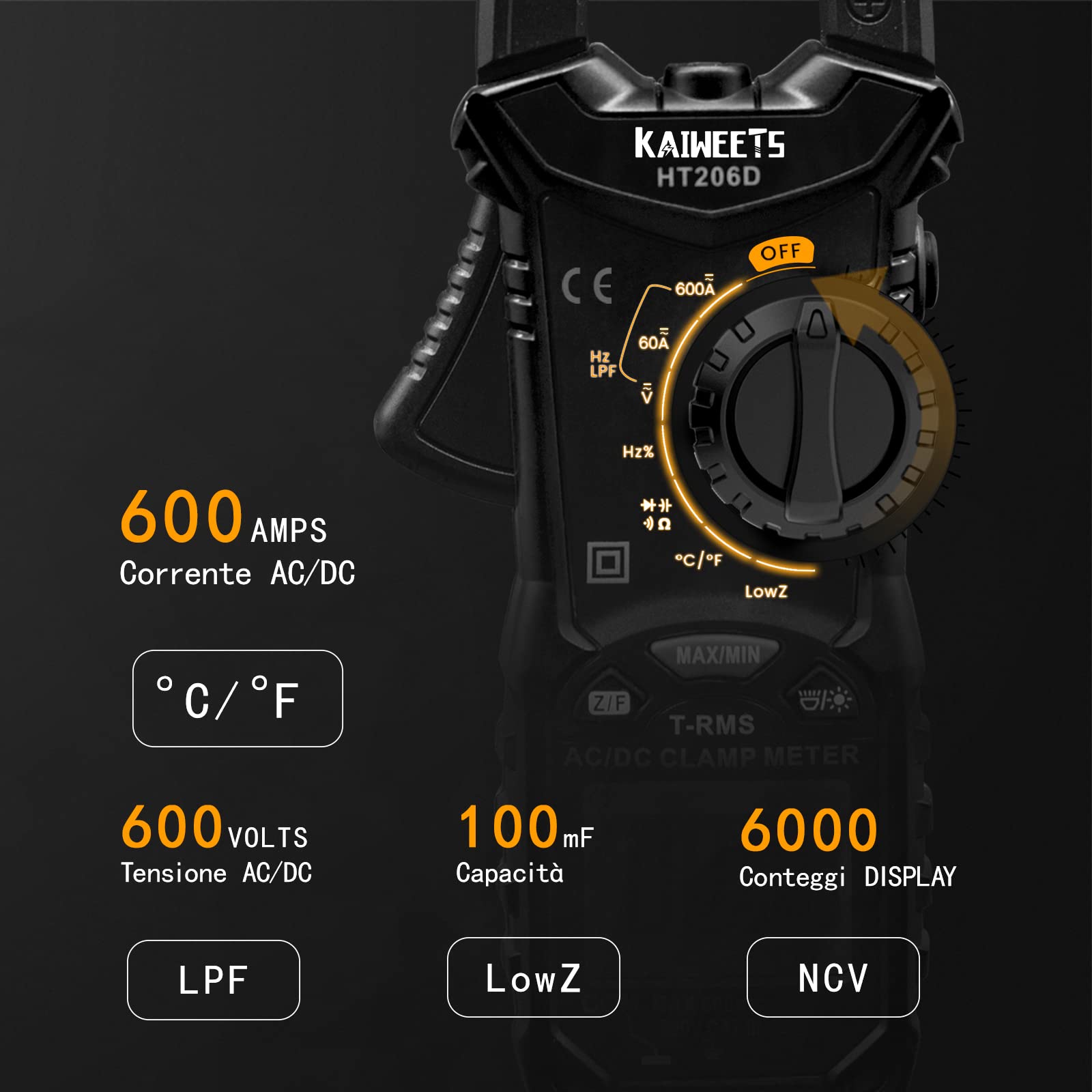 Pinza amperometrica AC/DC 0-600A, KAIWEETS Pinza multimetro professionale T-RMS 6000 conteggi, misure corrente tensione AC/DC Temperatura Capacità Resistenza Diodi Continuità Duty Cycle