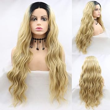 Ombre Blonde Lace Front Wigs for Black Women Long Wavy Soft Black Roots Blonde Ombre Wigs Handmade Synthetic Wig Middle Part Glueless Synthetic Heat Resistant Fiber Hair Cosplay Daily Drag 24 Inch