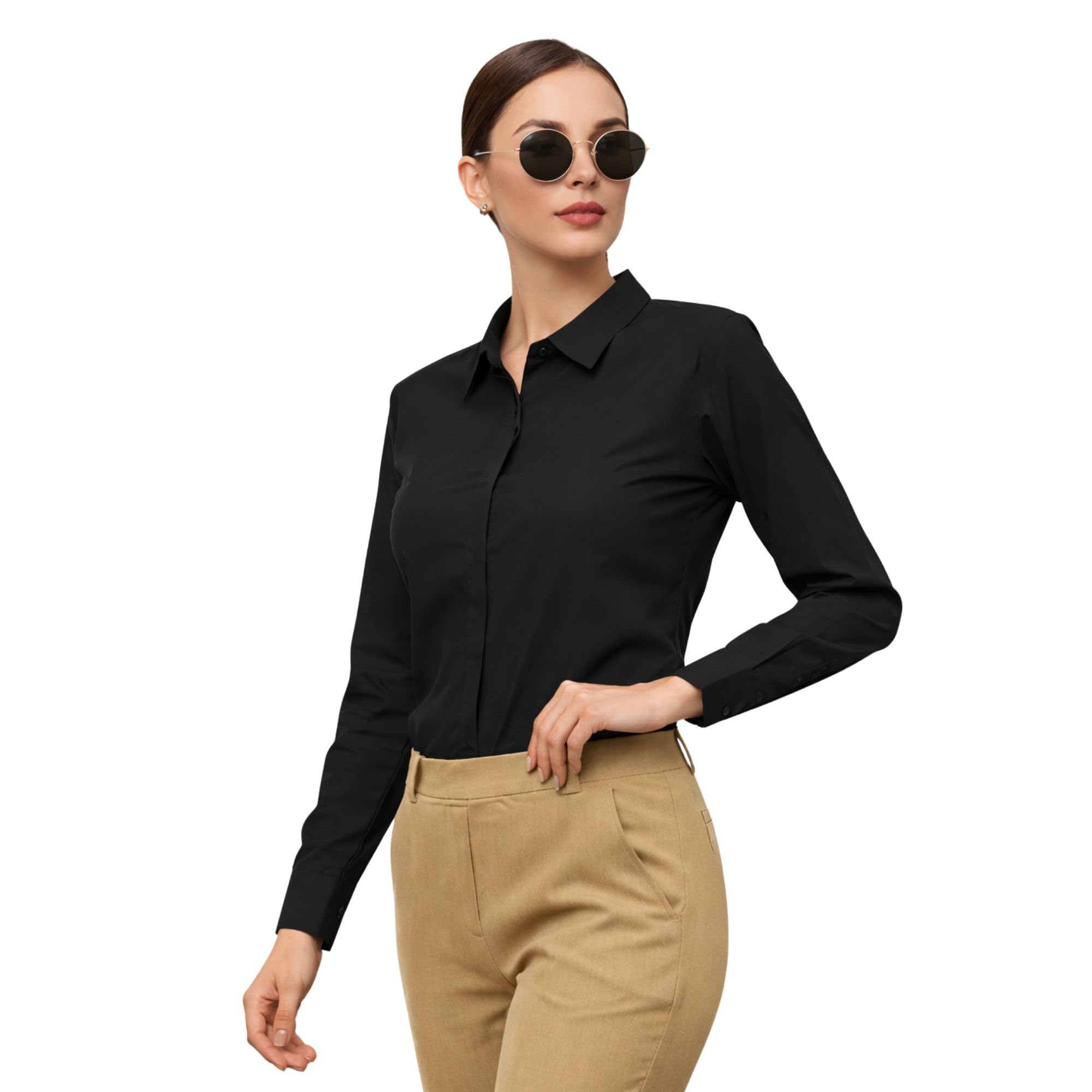 Women’s Black Formal Shirt | Solid Full Sleeve Office Wear Shirt for Women | Regular Fit Collared Button-Down Top-image-38