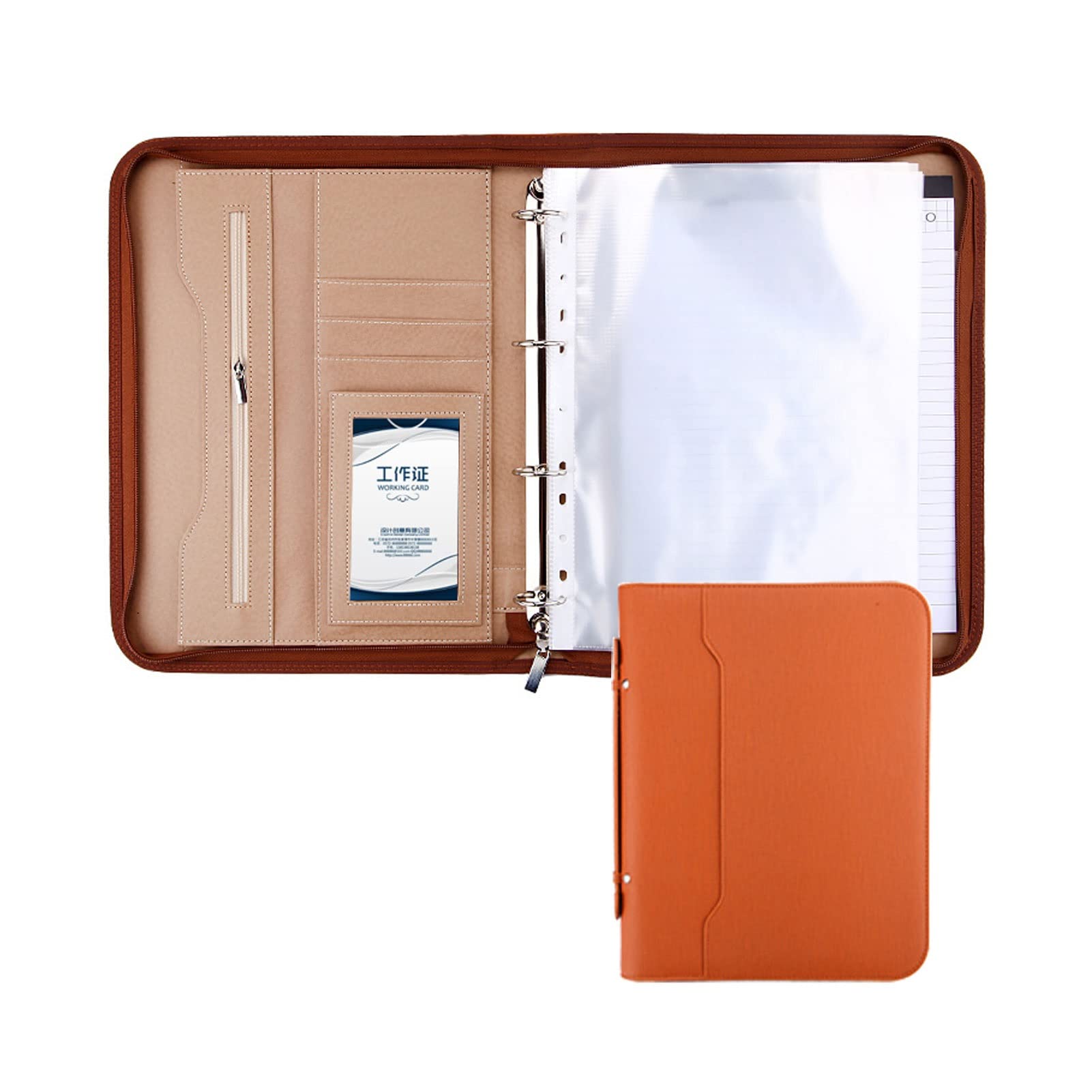 Porte documents A4 en cuir orange avec fermeture éclair pour tablette