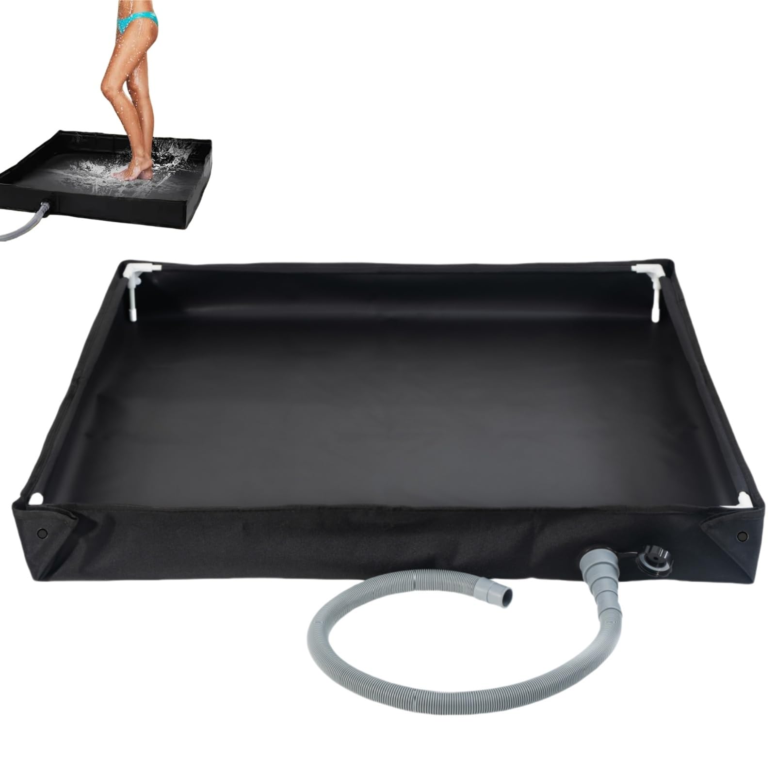 Base Doccia Pieghevole da Campeggio 80cm, Vassoio Portatile per Doccia Esterna con Tubo di Scarico Rapido | Base Bagno Pieghevole per Camper, Tenda, Piscina | Piatta Doccia per Esterno (nero)