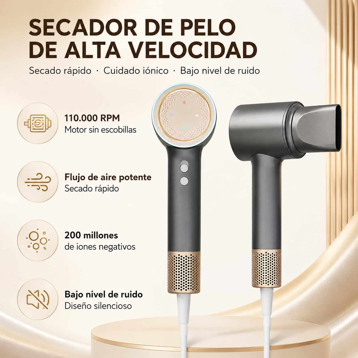 2025 Nuevo Secador de Pelo Profesional Ionico con Boquilla de Cabeza Hair Dryer Portatil de 3 Tenperaturas 1600W 110,000 RPM, Tecnología AI y 200 Millones de Iones Negativos para Hogar,Viaje,Gimnasio