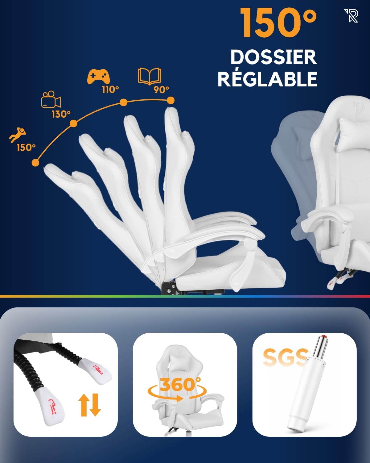 Apollo Chaise Gaming Ergonomique Similicuir Noir avec Dossier Réglable 90-135°, Accoudoirs, Soutiens Lombaire et Cervical, Pivotement 360°, Confort Durable et Abordable, Blanc