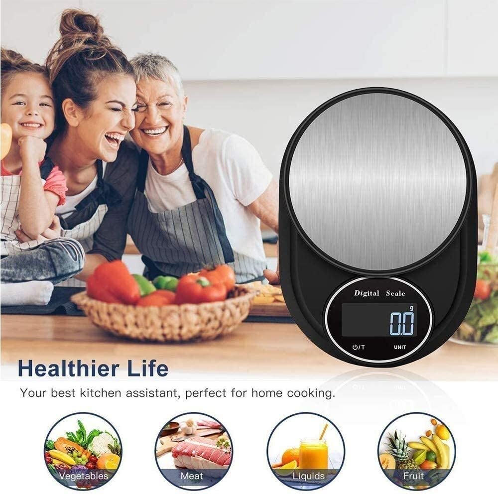 Escala de Alimentos de 0.1 g, Gramos Digitales y onzas for Perder Peso, Dieta, Hornear, cocinar y Preparar for Comer, 11lb / 5kg, Acero Inoxidable, Negro
