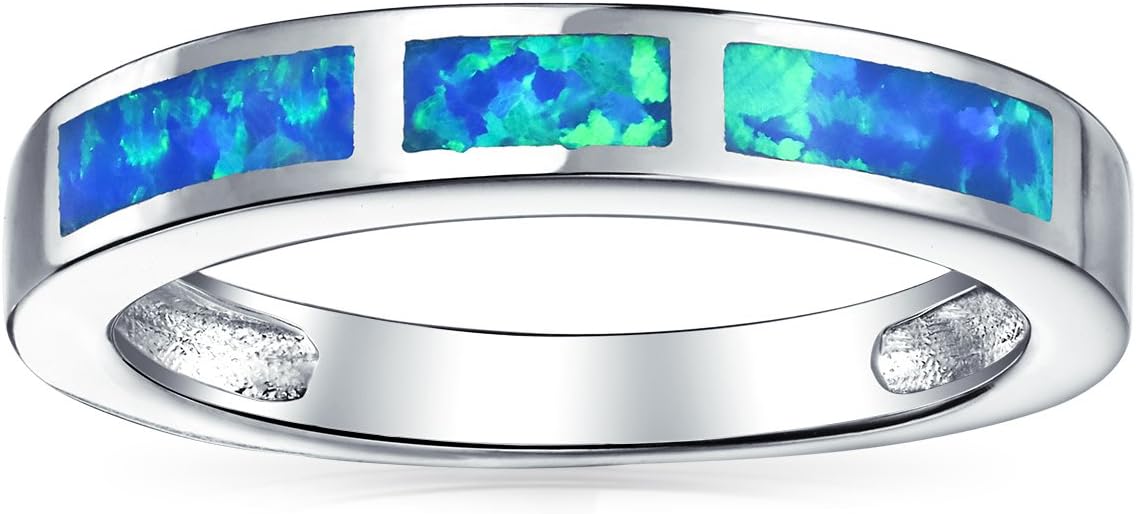 Bling Jewelry Personalize Geometric Eternity Blue Or Pink Created Opal Inlay Stackable Band Ring For Women October Birthstone .925 Sterling Silver