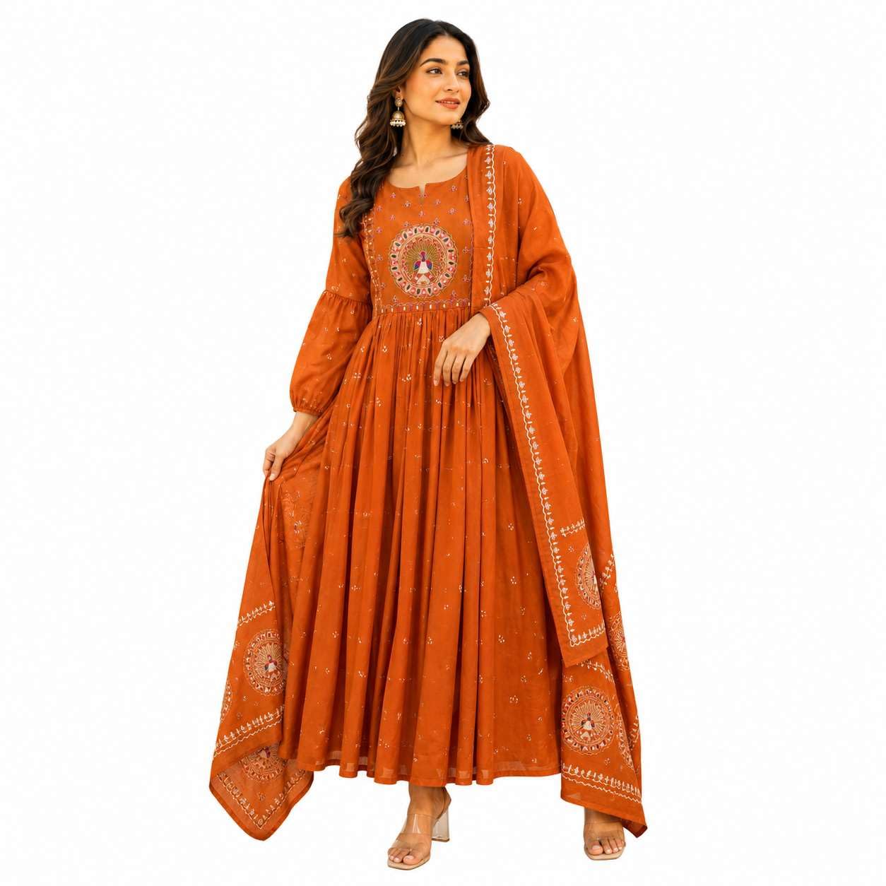 Women's Cotton Embroidered Anarkali Kurti with Malmal Dupatta Set-picture-24