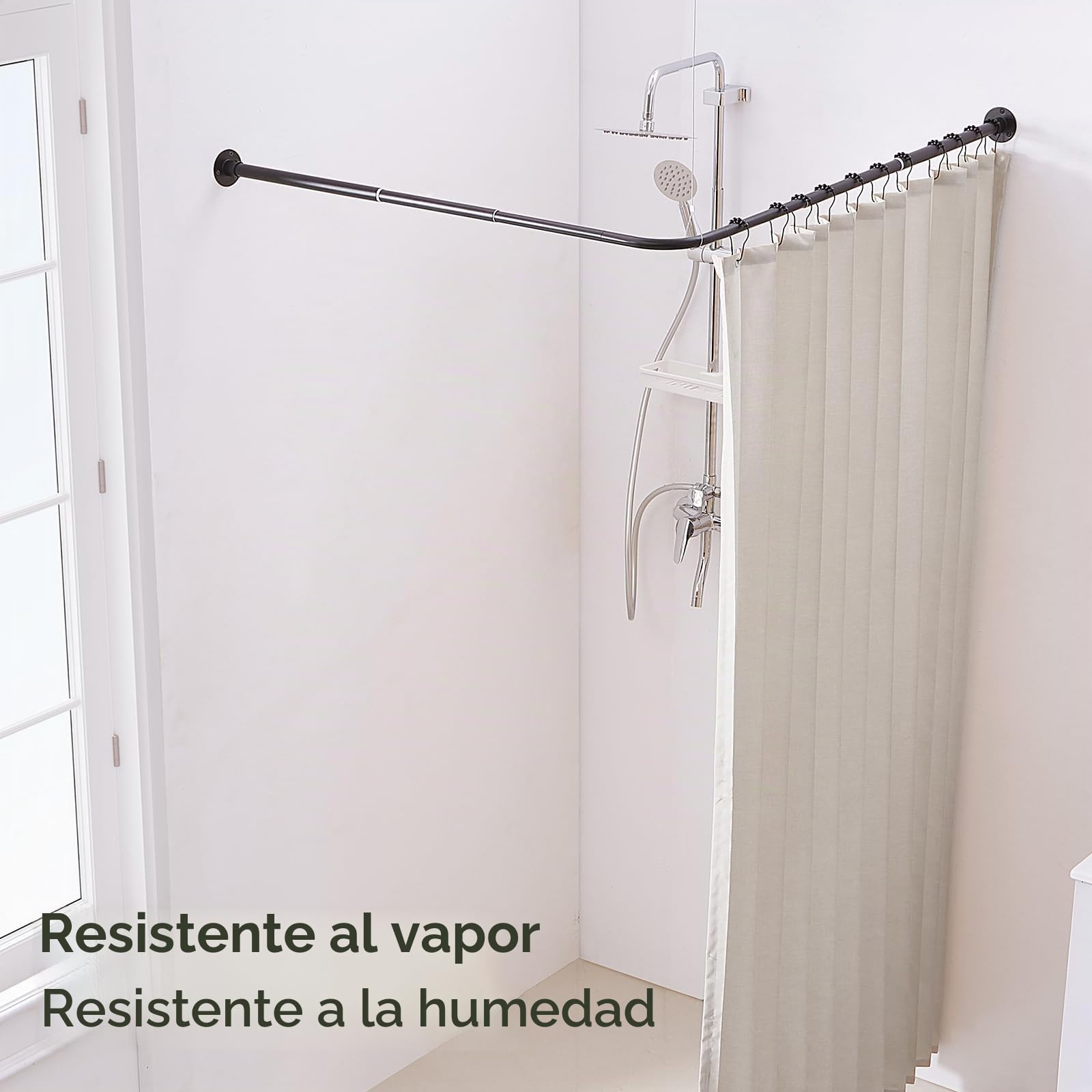 Barra de Ducha en Forma de L Ajustable [62-121 cm] x [62-121 cm] para Esquina, con 12 Ganchos y Soporte de Techo para Bañera - Negro Mate