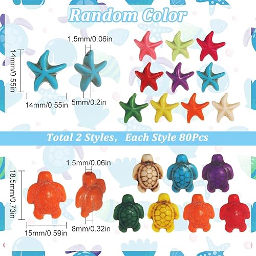 Miniatura 2 de SUNNYCLUE 1 caja de 160 cuentas de tortuga de estrella de mar a granel tortuga sintética turquesa océano animal colorido tortugas cuentas para hacer