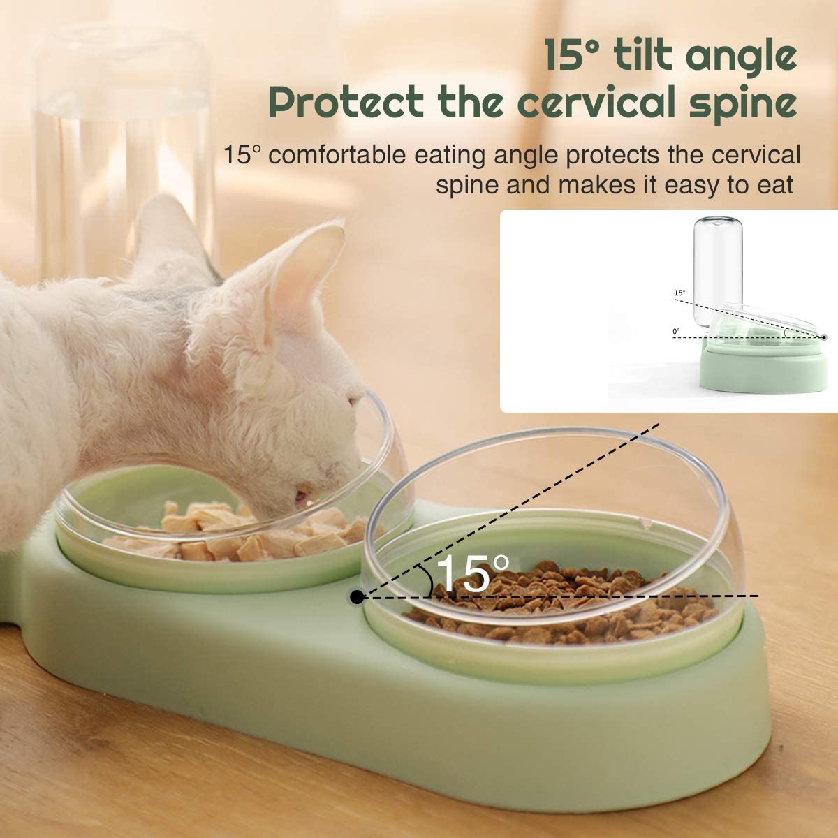 auvstar Double Gamelle Chat Surélevée,Inclinable à 15° Bol pour Chat Anti-Vomissements Bol pour Animaux de Compagnie 3-en-1 à Stockage d'eau Automatique,Disponible pour Les Chats et Les Chiots (Vert)