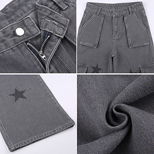 Women Vintage Punk Print Pants Casual Bell Bottom Hip Hop Jeans Loose High Waist Pocket Jeans4