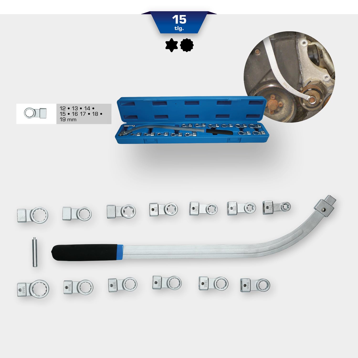 BRILLIANT TOOLS BT571060 Juego de llaves para correas trapezoidales y rodillos tensores, 15 pzs [Powered by KS TOOLS]