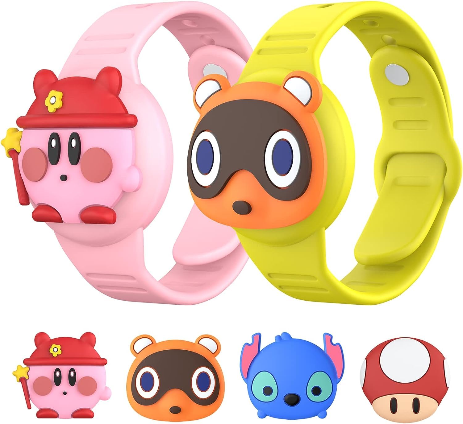 [2Pack] Airtag Bracelet for Kids, Cute Cartoon Air Tag Holder Watch Band Adjustable Apple AirTag Wristband Soft Silicone Air Tag Protective Case for Toddler Child Teen(pink+yellow)