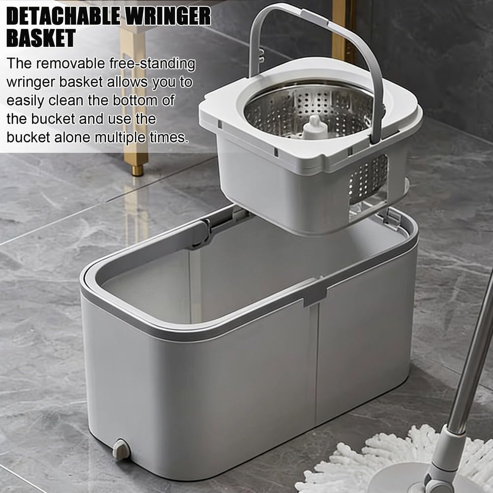 Juego de fregona giratoria y Cubo con escurridor para el hogar, Sistema de Cubo y fregona giratoria de 360° con Mango extendido de 50" y 1 Recambio de fregona de Microfibra