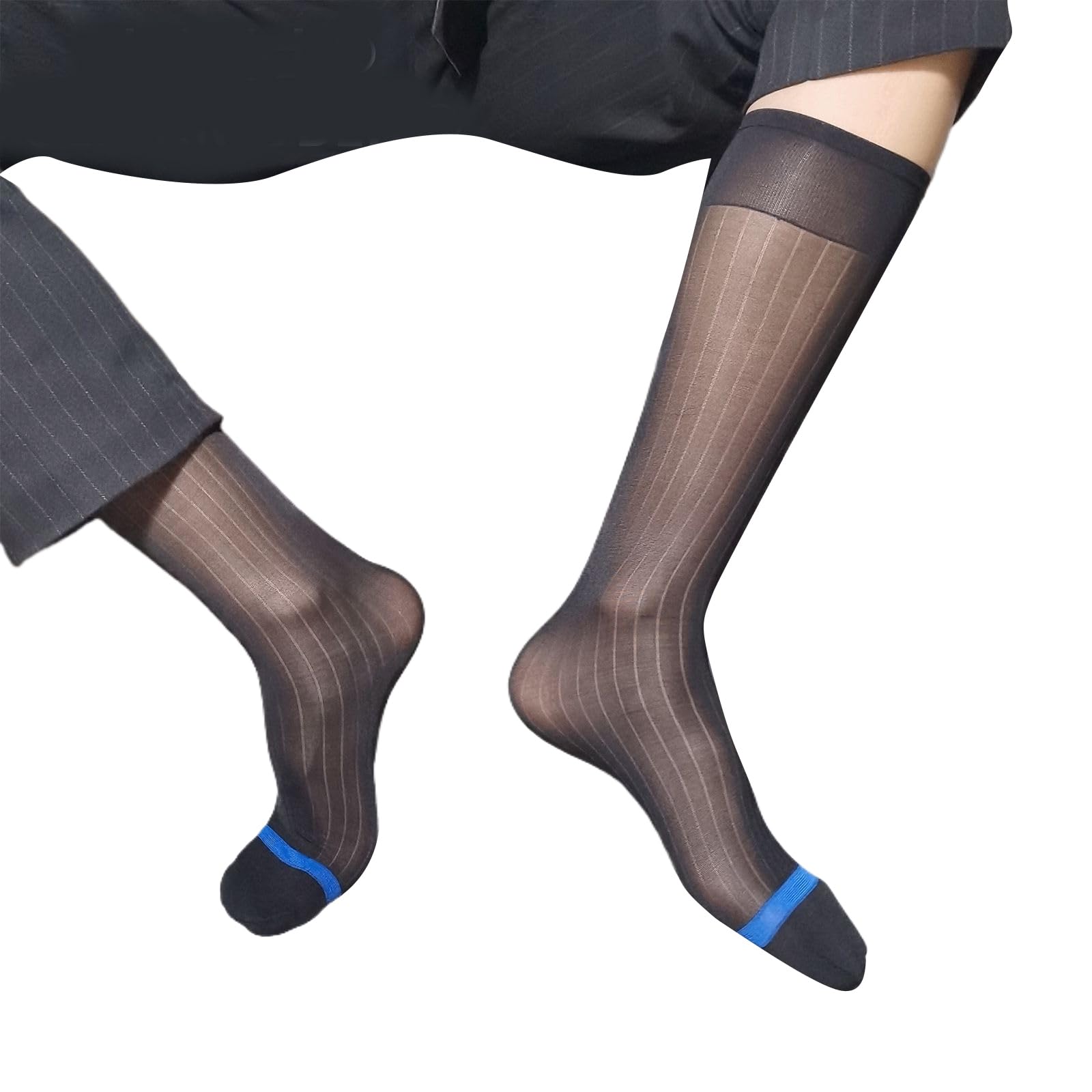 NIHENHAO Mens Nylon Sheer Suit Sock Business Dress Socks High Elastic Striped See Through Thin Formal Dress Tube Stockings