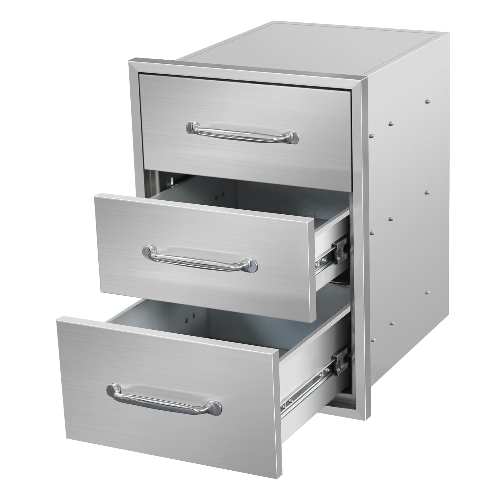 Outdoor Kitchen Drawers 16" W x 21" H x 23" D Flush Mount Triple BBQ Drawers with Chrome Handle Stainless Steel Drawer for Outdoor Kitchen Island, Patio Grill Station