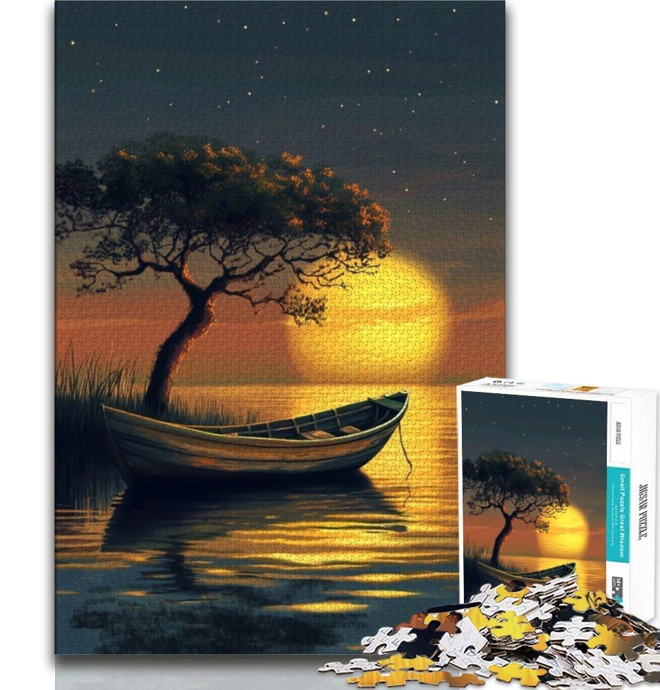 Jigsaw Puzzles for Teenagers Boat at Sunset 1000 Piece Puzzle,Educational Games Wall Decoration Unique Birthday And Xmas Gifts 38x26cm