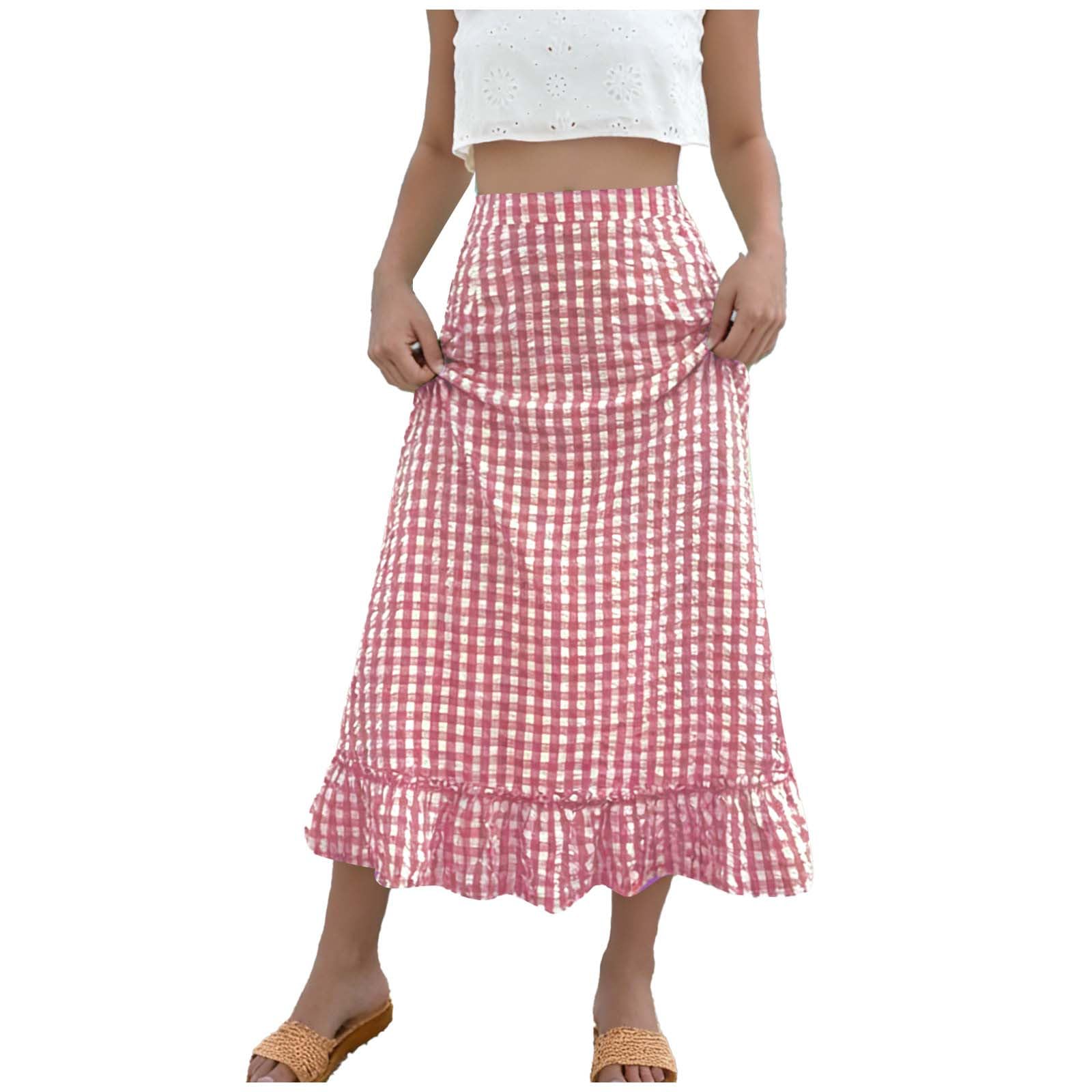 Plaid Skirt for Women Ruffled Hem Maxi Skirts Elastic Waist Elegant Long Skirt Beach Boho Skirts Casual Summer