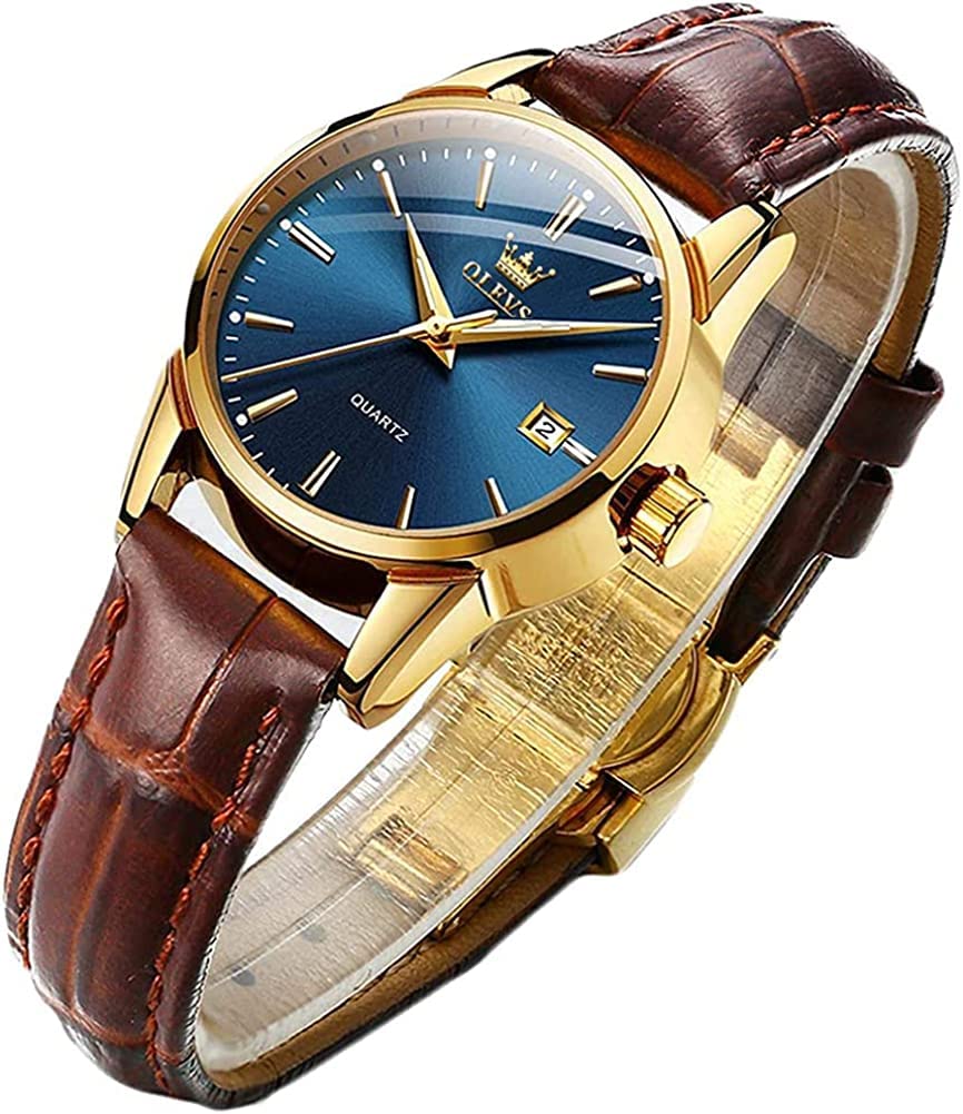 OLEVS Ladies Watch Brown Leather Strap Blue Face Business Dress Analog Quartz Date Classic Luminous Waterproof Women Wrist Watch