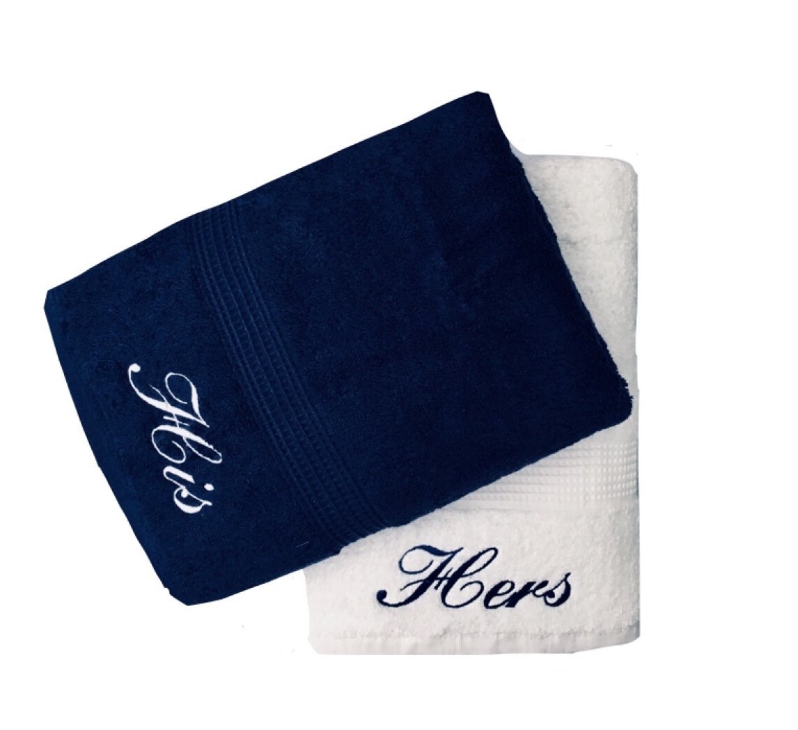Niche Embroidery Embroidered His & Hers Navy and White Bath Towels Pair