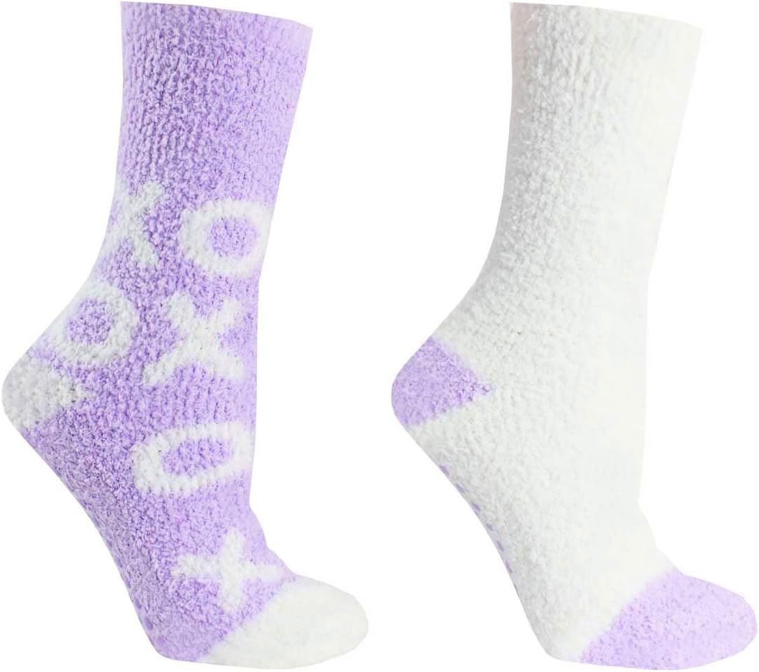 Kissables Women's Plush Chenille NON-SKID SOCKS 2-pair, XO Pattern/Solid, Lavender/White
