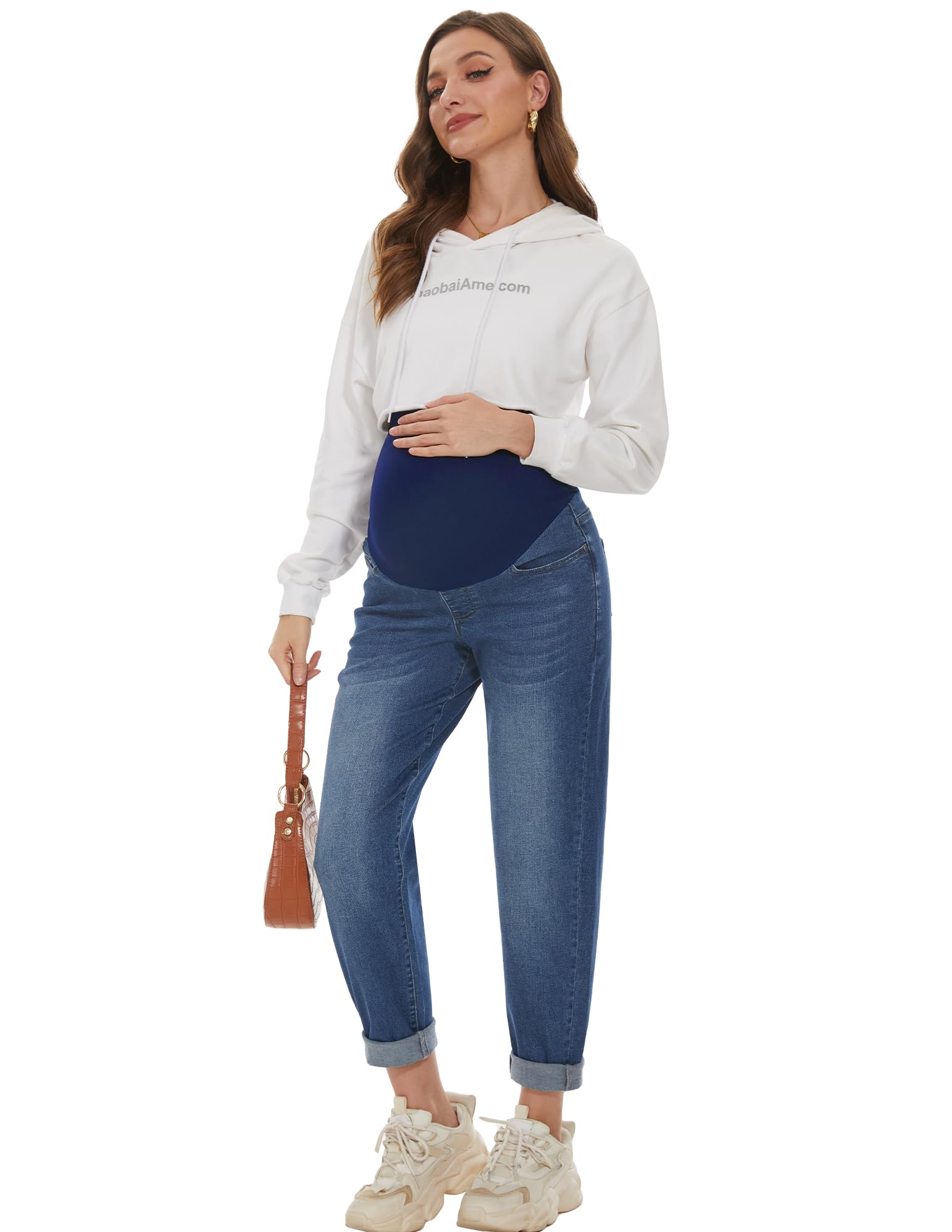 AVOG Pantalones de mezclilla elásticos de cintura alta para embarazo, con 4 bolsillos