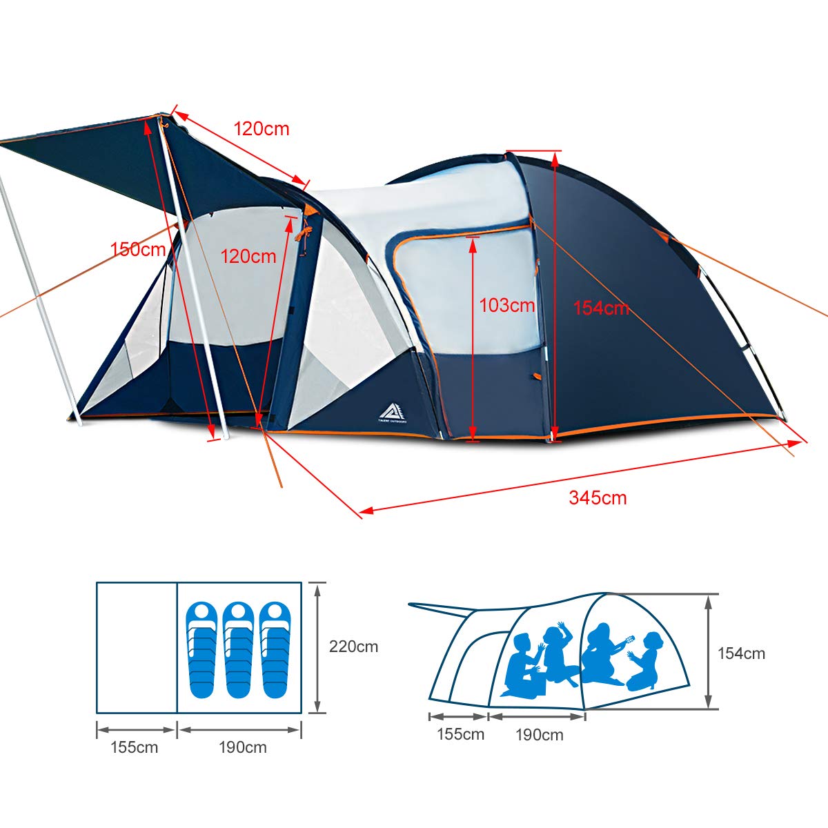 Amazon | Talent テント 3-4人 二重層 防風防水 耐水圧3000mm 青色