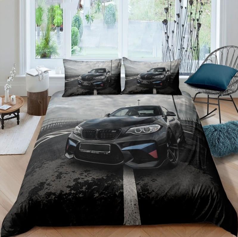 Parure de Lit 220x240cm Voiture De Sport Housse de Couette Enfant 2 Personnes Adolescents Voiture De Course De Sport Noire Parure de Lit Microfibre avec Fermeture...