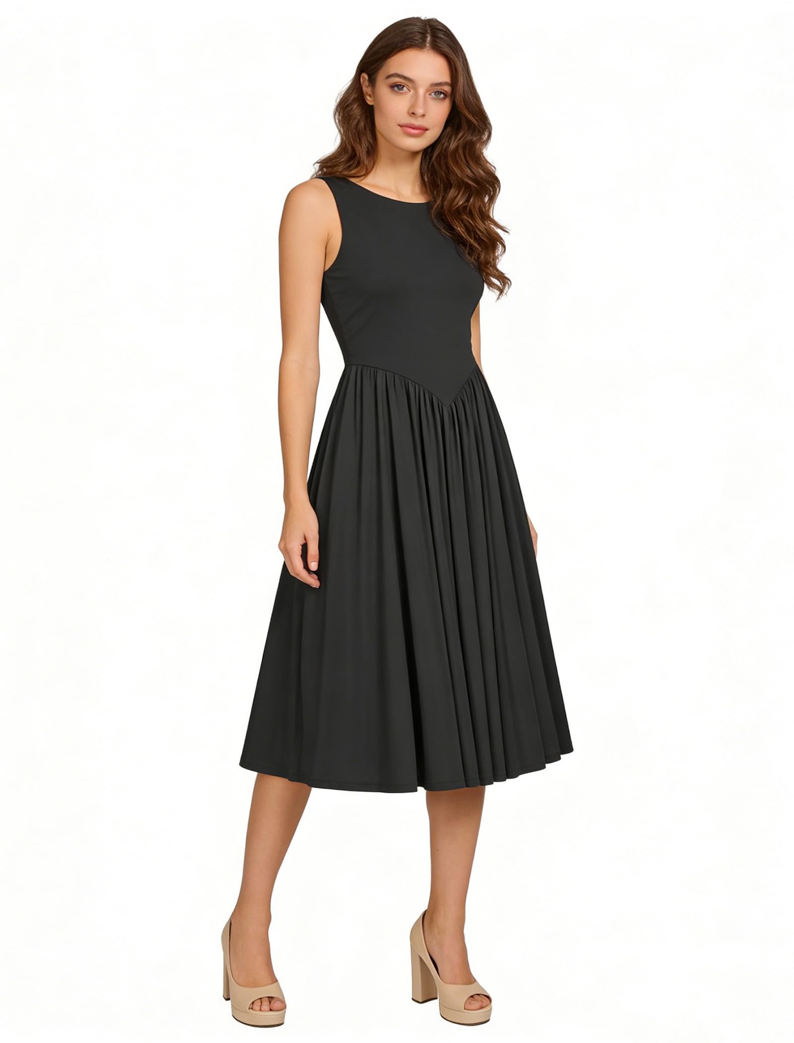 OMEWEE Vestidos de verano para mujer, cuello redondo, sin mangas, vestido midi elegante, casual, para el trabajo, fiesta, playa, salir, plisado, acampanado, vestidos largos para uso diario, vacaciones